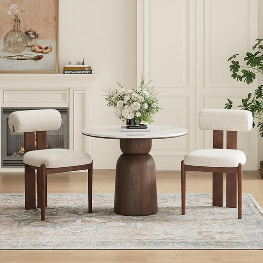 MALOL Modern Wooden Dining Chairs Set of 2, Upholstered Fabric Kitchen Chairs with Sculptural Backrest, Mid-Century Farmhouse Dining Room Chairs with Solid Wood Legs, Beige