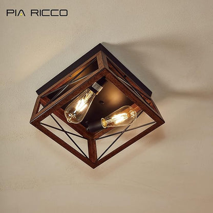 Pia Ricco Farmhouse Flush Mount Ceiling Light Fixture, Outdoor Porch Ceiling Lights, Rustic Industrial Style Square Close to Ceiling Light for Entry, Hallway, Kitchen, Patio, 2-Light, Brown