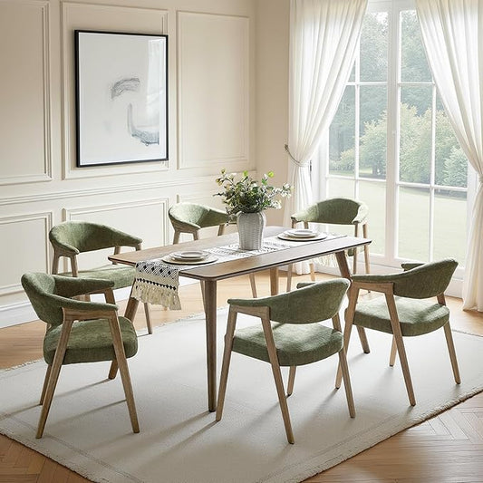 HULALA HOME Mid-Century Modern Dining Chairs Set of 6, Green Wooden Upholstered Kitchen Chairs with Armrest, Curved Backtrst & Wood Legs Armchairs Accent Chairs for Dining Living Room - Moss