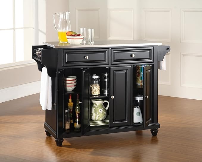 Crosley Furniture Cambridge Stainless Steel Top Rolling Kitchen Island Storage Cart, Spice Rack, Black
