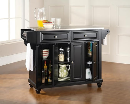 Crosley Furniture Cambridge Stainless Steel Top Rolling Kitchen Island Storage Cart, Spice Rack, Black