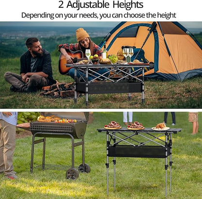 Anbte 3ft Aluminum Roll Top Camping Table, 2 Adjustable Height Camping Table Folding with Storage Net & Bag Lightweight Roll Up Table for Indoor Outdoor Backyard BBQ Patio Picnic, 32.2” X 16”, Black