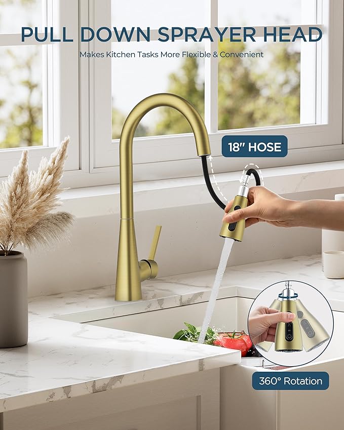 FORIOUS Gold Kitchen Faucet with Pull Down Sprayer, Classic High Arc Stainless Steel Faucet for Kitchen Sink, Single Handle for 1 or 3 Hole Decks for RV Bar Farmhouse Laundry Camper