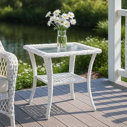 MEETWARM Wicker Outdoor Side Table, All-Weather Patio Rattan Side Table with Tempered Glass Top and Storage Shelf, Small Patio End Table for Outside Indoor Outdoor Balcony Porch Deck, White