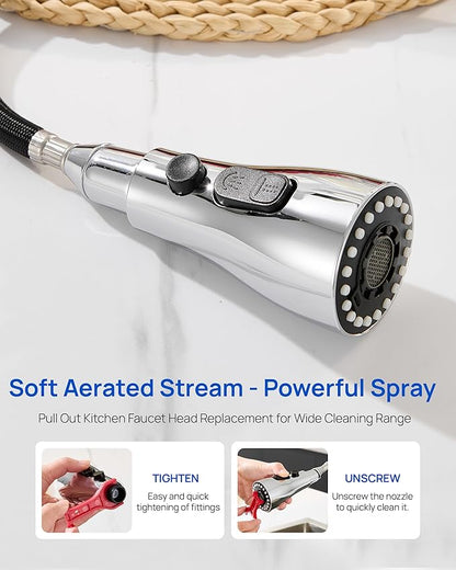 Metal Kitchen Faucet Head Replacement – 3 Mode High-Pressure Sink Sprayer Replacement with 15 Nozzle Adapters, Durable Pull Down Spray Head for Kitchen Sink, Chrome, Stainless Steel