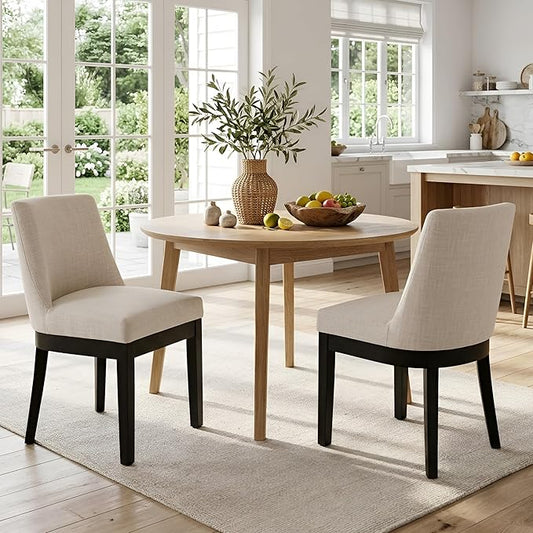 HNY Modern Dining Chairs Set of 2 with Comfortable Back Support, Farmhouse Soft Linen Upholstered Dining Room Chairs with Black Solid Wood Legs, Armless Kitchen Side Chairs for Living Room, Beige