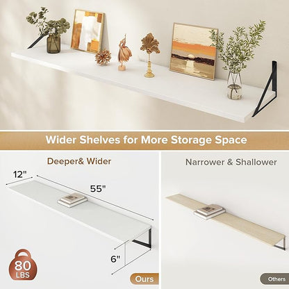 Acovy Deep Floating Shelves Wall Mounted, 55"x12" White Wall Shelves with Brackets Set of 2 for Bedroom, Living Room, Bathroom, Kitchen, Office - Storage & Display Shelf for Decor, Books, Plants