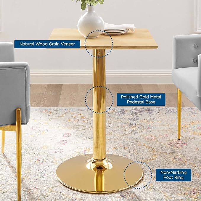 Modway Verne Square Wood Grain 24" Dining Table in Gold Natural