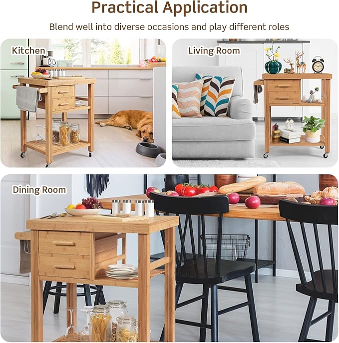 HAPPYGRILL Kitchen Island with Storage, Rolling Kitchen Cart with Shelves and Drawers, Multi-Purpose Bamboo Utility Cart Serving Cart on Lockable Wheels with Towel Rack