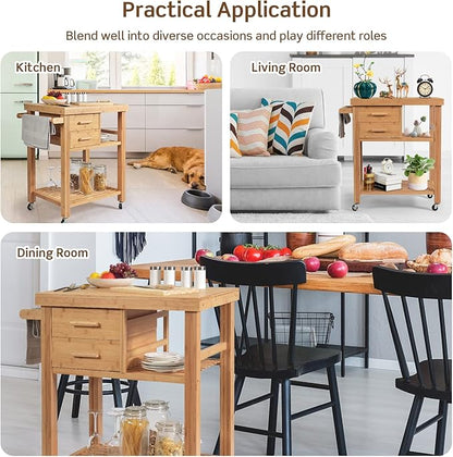 HAPPYGRILL Kitchen Island with Storage, Rolling Kitchen Cart with Shelves and Drawers, Multi-Purpose Bamboo Utility Cart Serving Cart on Lockable Wheels with Towel Rack