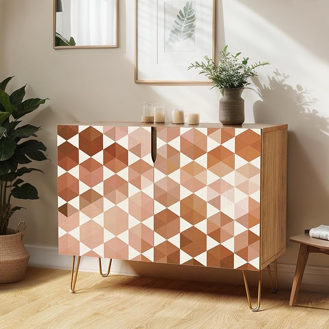 SIGNWIN Sideboard Buffet Cabinet, Kitchen Storage Cabinet with 2 Doors, Brown Pastel Mid-Century Polygons, Cupboard Console Table for Dining Room - 35" L x 18" W x 29" H