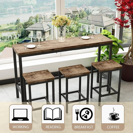 Merax Modern Design 4-Piece Counter Height Extra Long Dining Table Set with 3 Stools and Side Table with Footrest,Space-Saving Pub Kitchen Set,Easy Assembly,Natural