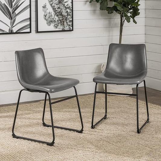 LEMBERI Faux Leather Dining Chairs Set of 2, 18 Inch Modern Kitchen Dining Room Chairs with Backrest and Metal Legs, Comfortable Upholstered Seat, Grey