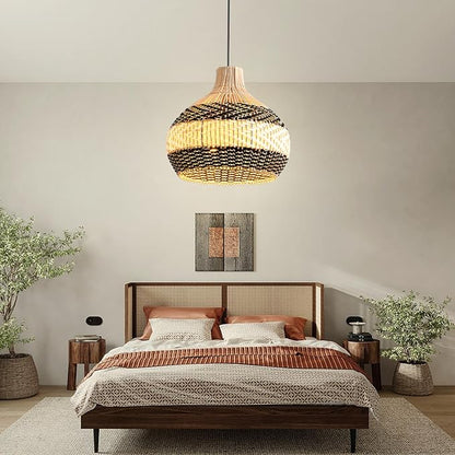 3-Light Rattan Pendant Light,1-Pack Hand-Woven Black White Faux Rattan Hanging Light 15" Boho Basket Wicker Chandelier for Living Room Bedroom Kitchen Dining Hallway