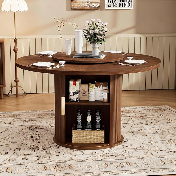 55 inch Round Dining Table for 4-6, Round Wooden Dining Table with Rotating Tabletop Tray & Sliding Door Base, Modern Farmhouse Kitchen Table with 2 Tier Storage Shelf for Kitchen Living Room, Walnut