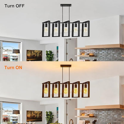 5-Light Island Lights for Kitchen, Rectangular Black Metal Kitchen Island Chandelier 41.3" Adjustable Rustic Modern Dining Room Light Fixtures Over Table, Chandeliers for Dining Room