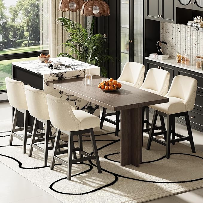 MALOL Swivel Bar Stools Set of 6, 27" Counter Height Kitchen Stools with Padded Seats and Solid Wood Legs, Upholstered Barstools for Kitchen Island, Breakfast Nook (Beige)