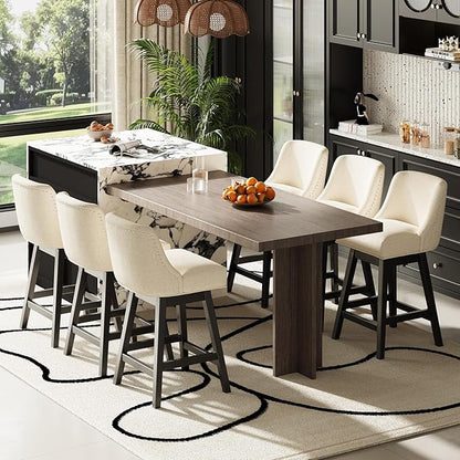 MALOL Swivel Bar Stools Set of 6, 27" Counter Height Kitchen Stools with Padded Seats and Solid Wood Legs, Upholstered Barstools for Kitchen Island, Breakfast Nook (Beige)