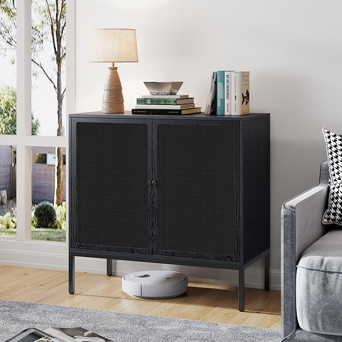 Brafab Set of 2 Black Sideboard Buffet Cabinet with Natural Rattan Decorated Doors, 31.5" W Rattan Cabinet, Console Storage Cabinet, Boho Credenza for Living Room, Entryway, Dining Room/Square Doors