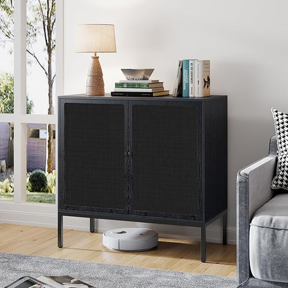Brafab Set of 2 Black Sideboard Buffet Cabinet with Natural Rattan Decorated Doors, 31.5" W Rattan Cabinet, Console Storage Cabinet, Boho Credenza for Living Room, Entryway, Dining Room/Square Doors