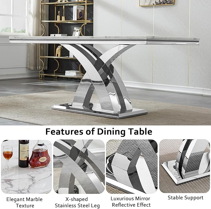 68" Faux Marble White Dining Table for 6-8, Modern Dining Room Table with 0.71" Marble Printing MDF Top and X-Shaped Silver Stainless Steel Base, Rectangle Kitchen Dinner Table
