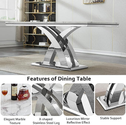 68" Faux Marble White Dining Table for 6-8, Modern Dining Room Table with 0.71" Marble Printing MDF Top and X-Shaped Silver Stainless Steel Base, Rectangle Kitchen Dinner Table