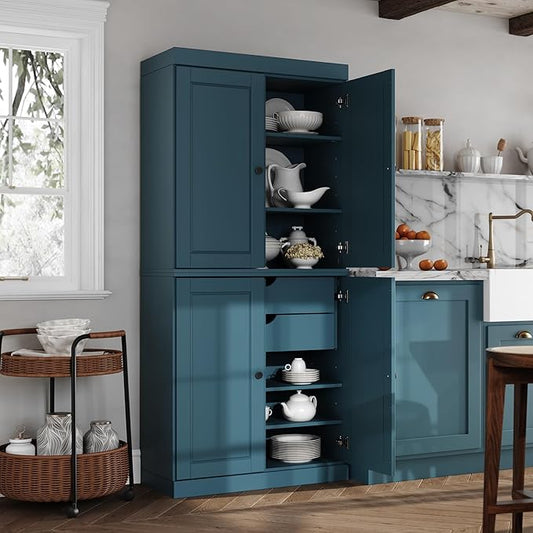 Palace Imports Solid Kitchen Pantry Cabinet - 71.5" h x 32" Tall Storage Cabinet - Teal Blue, Adjustable Shelves & 2-Drawer Kit, 100% Renewable Eco-Friendly Wood, Made in Brazil