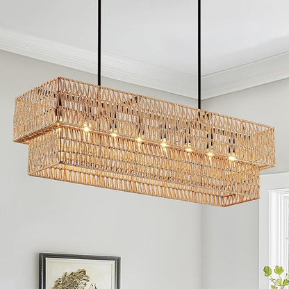 40” Hand Woven Rattan 8-Light Chandeliers for Dining Room, 2 Layer Boho Linear Chandelier Rectangle Rustic Pendant Light Fixture for Kitchen Island Bar Living Room