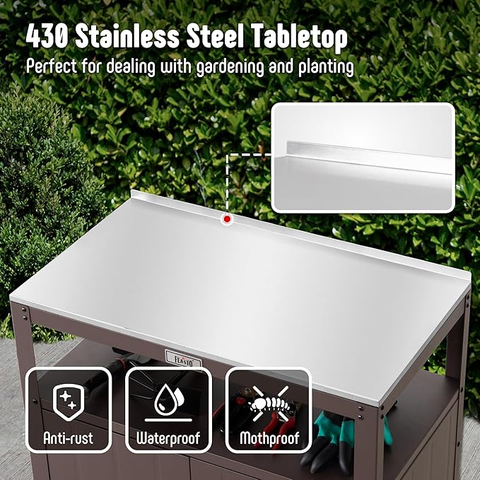 Feasto Garden Potting Bench with Storage, Outdoor Potting Table & Garden Work Bench for Plants, Horticulture, Outdoor Potting Station with Stainless Steel Tabletop, Outdoor Work Table