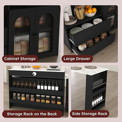 Kitchen Island Set with 2 Solid Wood Chairs, Extendable Rotating Table,with Marble Veneer Retro Design, 4 Drawers Glass Door Cabinets, Expandable Dining Station for 2 4 Person