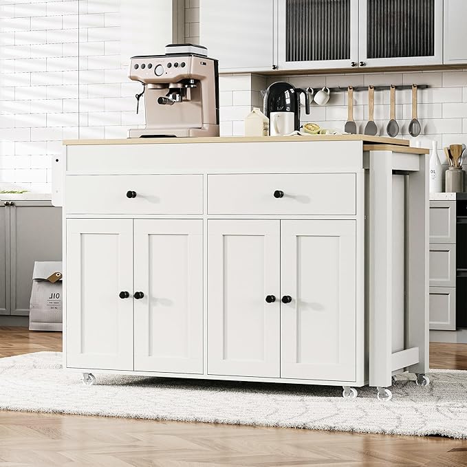 74.5 Inch Kitchen Island with Extendable Dining Table, Rolling on Wheels, Spice Rack, 2 Drawers, 4 Door Cabinet(White)