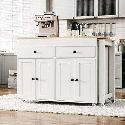 74.5 Inch Kitchen Island with Extendable Dining Table, Rolling on Wheels, Spice Rack, 2 Drawers, 4 Door Cabinet(White)