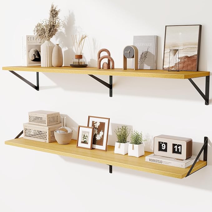 Acovy 48inch Floating Shelves for Wall,10" Deep Floating Shelves with Metal Brackets,Wall Mounted Hanging Floating Shelf,Wide Display Shelves for Living Room,Bedroom,Office,Kitchen,Oak