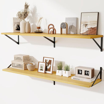 Acovy 48inch Floating Shelves for Wall,10" Deep Floating Shelves with Metal Brackets,Wall Mounted Hanging Floating Shelf,Wide Display Shelves for Living Room,Bedroom,Office,Kitchen,Oak