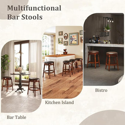 Giantex Swivel Bar Stools Set of 2, 24" Counter Height Bar Stools w/Faux Leather Padded Seat, Footrests, Solid Wooden Frame, Farmhouse Backless Barstools for Kitchen Island, Pub, Dining Room, Cafe