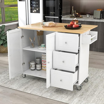 GOWE Rolling Mobile Kitchen Island with Solid Wood Top and Locking Wheels,52.7 Inch Width,Storage Cabinet and Drop Leaf Breakfast Bar,Spice Rack, Towel Rack & Drawer (White)