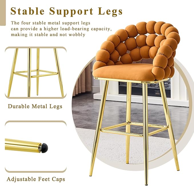 Set of 2 Orange Puffy Bubble Chair Ball Chain Chair Velvet Bar Stools with Gold Legs, Tufted Accent Bar Chairs for Kitchen Island Home Bar
