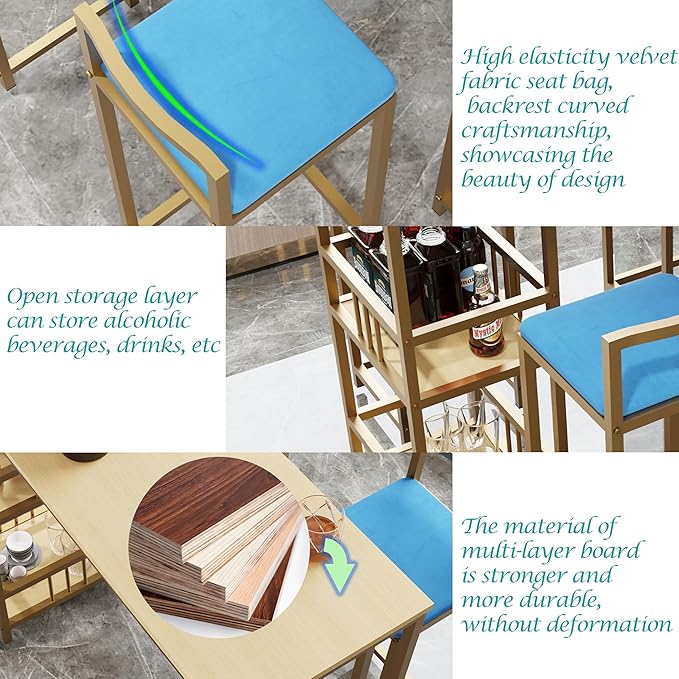 5-Piece Bar Height Table and Chairs Set - Gold Frame Bar Table with Storage & Sponge-Cushioned Chairs,Kitchen Table, Kitchen Island Seating, or Dining Table Set (Gold,Light Beige,Navy Multi)