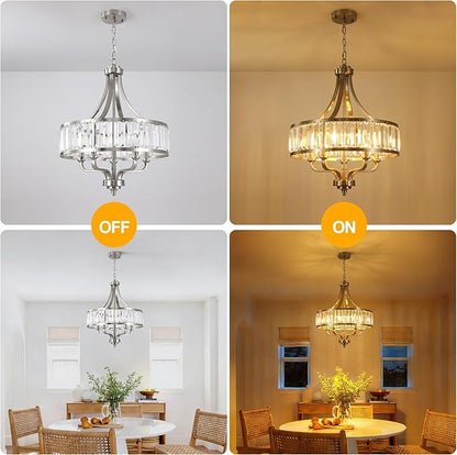 20" Brushed Nickel Crystal Chandelier,5-Light Modern Dining Room Light Fixture Over Table Adjustable Height Hanging Industrial Pendant Lights Kitchen Island,Living Room Kitchen Island Entryway