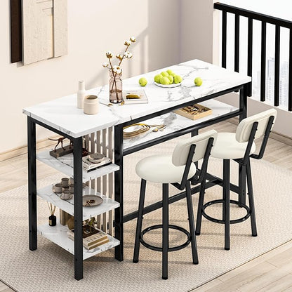 Lamerge Furniture Kitchen Bar Height Table and Chairs for 2, 5-Tier Compact Dining Room Table, White Faux Marble Top and 2 PU Leather Upholstered Seat Black Frame, Modern Dining Set for Home & Office