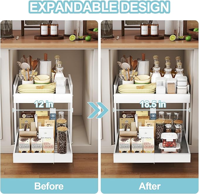 Golener 2-Tier Expandable Pull Out Cabinet Organizer - 21" Deep Slide Out Drawers for Kitchen Cabinets, Bathroom Organizers and Storage, Under Sink Organizer for Kitchen Storage Organization, White