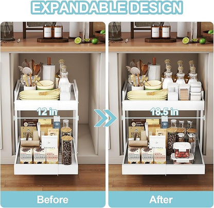 Golener 2-Tier Expandable Pull Out Cabinet Organizer - 21" Deep Slide Out Drawers for Kitchen Cabinets, Bathroom Organizers and Storage, Under Sink Organizer for Kitchen Storage Organization, White