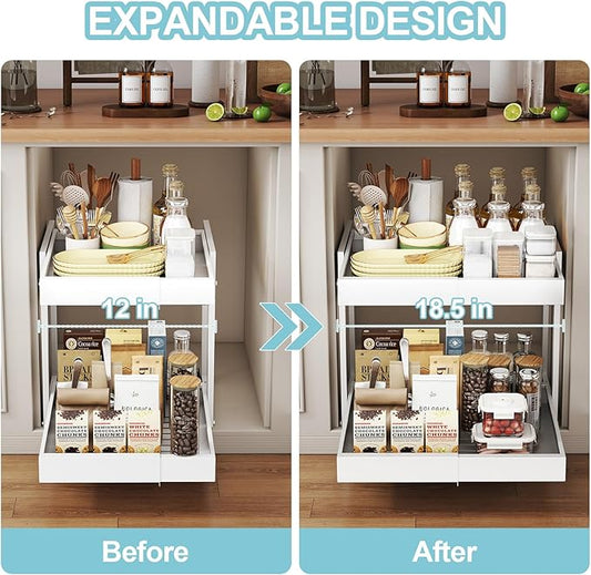 Golener 2-Tier Expandable Pull Out Cabinet Organizer - Slide Out Drawers for Kitchen Cabinets, Bathroom Organizers and Storage, Under Sink Organizer for Kitchen Storage Organization, White Metal Frame