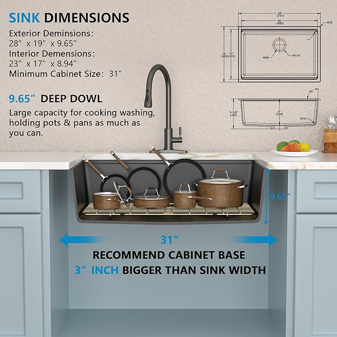 28 Granite Composite Kitchen Sink - Fulorni 28"x19" Granite Kitchen Sink Black Undermount Ledge Workstation Quartz Classic Matte Black Luxury Under Counter Single Bowl Basin
