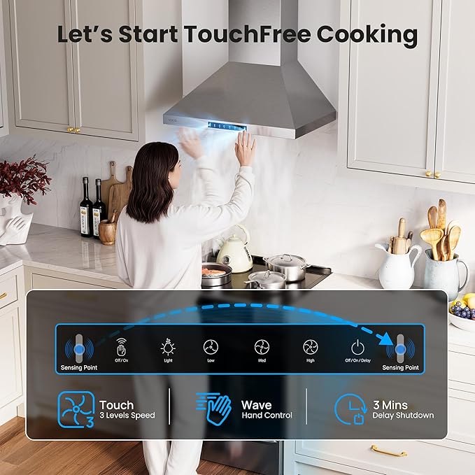 VIKIO HOME Wall Mount 30 Inch Range Hood 900 CFM, Ductless/Ducted Convertible Kitchen Hood, 3-speed Gesture Sensing & Touch Control, Stainless Steel Kitchen Vent Hood with Permanent Baffle Filters