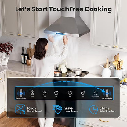 VIKIO HOME Wall Mount 36 Inch Range Hood 900 CFM, Ductless/Ducted Convertible Kitchen Hood, 3-speed Gesture Sensing & Touch Control, Stainless Steel Kitchen Vent Hood with Permanent Baffle Filters