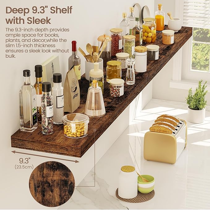 Vivelove Floating Shelves for Wall Mounted, 55 Inches Long Shelves, Display Shelf for Bathroom Living Room Kitchen Bedroom Office Farmhouse Home Decor, 55" X 9.3" X 1.5" - Set of 2, Rustic Brown