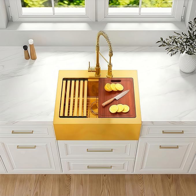 26 Inch Farmhouse Gold Sink, 16 Gauge 304 Stainless Steel Farm Sinks, Drop In Topmount Single Bowl Workstation Sink with all Accessories, 26" x 22" x 10" Deep Kitchen Sink