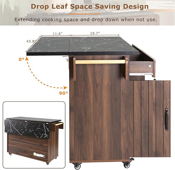 RUNNA Kitchen Island with Trash Can Storage Cabinet, Kitchen Cart with Drop Leaf, Spice Rack, Towel Rack and Drawer, Rolling Kitchen Island on Wheels with Adjustable Shelf (Walnut Brown~81)