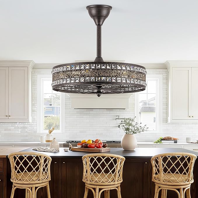 Vintage Chandelier Light Fixture 6-Light,Retro Antique Fandelier Ceiling Fan with Light, Decorative Traditional Crystal Bladeless Caged Enclosed Hanging Pendant for Bedroom, Dining Room, Living Room